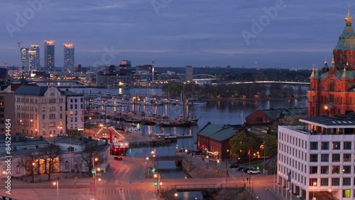 Twilight aerial at South Harbour waterfront district in Helsinki photo