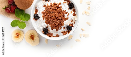 A top view copy space image of a nutritious breakfast consisting of yogurt coconut flakes chocolate and granola in a coconut bowl placed on a white background