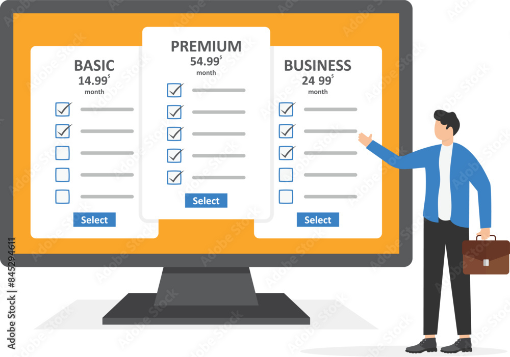 Choose your plan, landing page template. Price list set. Set of offer tariffs. Pricing table for business. Businessmen recommend premium plan. Male agent with white cards. Flat vector illustration
Choose your plan, landing page template. Price list set. Set of offer tariffs. Pricing table for business. Businessmen recommend premium plan. Male agent with white cards. Flat vector illustration