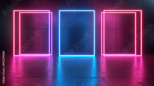 3D rendering three vertical neon frames on a dark background with a floor reflection