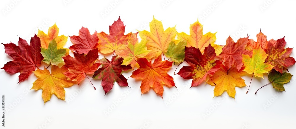 A vibrant array of maple leaves is scattered on a pure white background visible from both the front and back with a neat cut out shape surrounding them. Creative banner. Copyspace image A vibrant array of maple leaves is scattered on a pure white background visible from both the front and back with a neat cut out shape surrounding them. Creative banner. Copyspace image