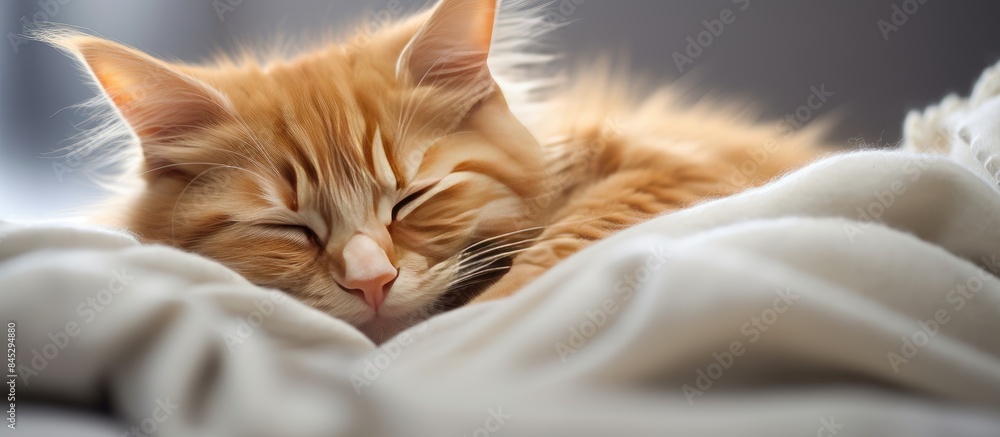Copy space image of a fluffy ginger cat peacefully curled up on a gray ...