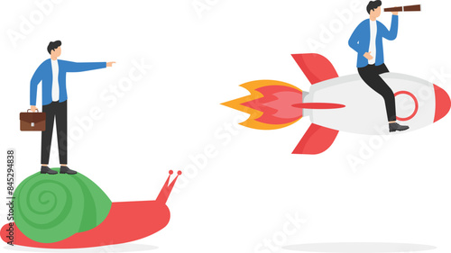 Business competition. Advantage, concept. Businesswoman flying on rocket and wins using technological advantage. Winner and losers businesspeople. Gender gap, feminism. Office Relationships. Vector

