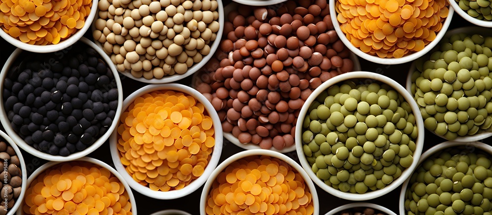 A top view image showing colorful lentils including yellow brown green and orange varieties arranged in bowls This copy space image showcases a variety of healthy legumes A top view image showing colorful lentils including yellow brown green and orange varieties arranged in bowls This copy space image showcases a variety of healthy legumes
