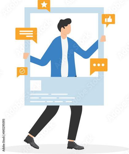 Monetize your blog landing page template. Businessman blogger create video content. Advertising revenue. Male vlogger on workplace. Online business, marketing in social media. flat vector illustration