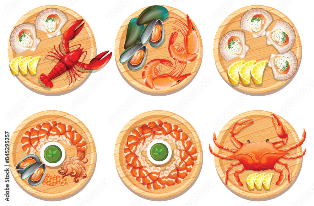 Vector illustrations of various seafood dishes Vector illustrations of various seafood dishes