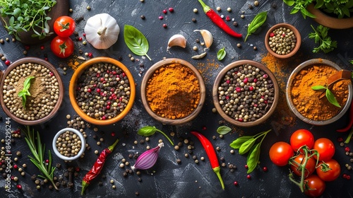 A variety of spices and fresh vegetables are laid out on a dark kitchen table. Small bowls filled with various spices are arranged alongside fresh herbs, peppers, tomatoes, and onions. Generative AI