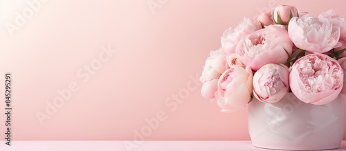 Fototapeta Naklejka Na Ścianę i Meble -  A beautiful bouquet of pink peonies and roses rests in a vase elegantly displayed against a soft pink backdrop The concept showcases a card with pastel colors leaving ample space for text or other el