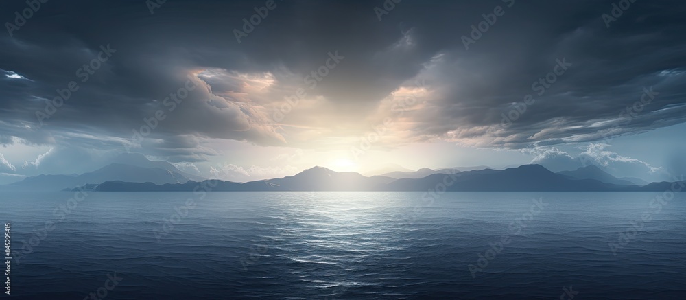 Fototapeta premium A stunning seascape with ominous dark clouds a radiant sun emerging from the horizon and distant ships creating a divine and dramatic copy space image