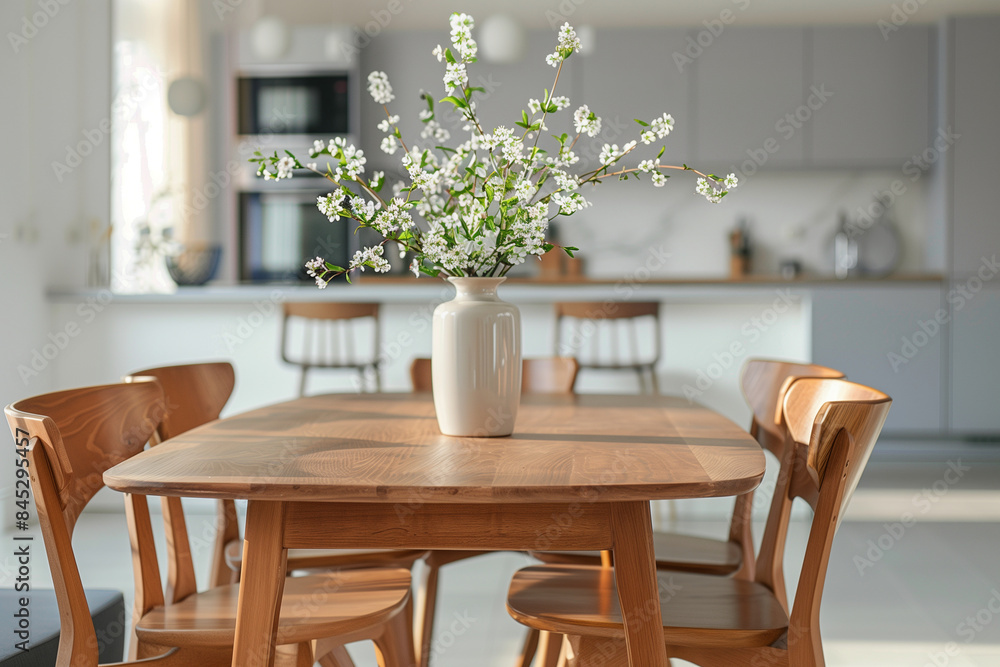 A contemporary dining table set with elegant wooden chairs is placed in the living room of a modern apartment. The scene is enhanced by a decorative vase of small white blossoms on A contemporary dining table set with elegant wooden chairs is placed in the living room of a modern apartment. The scene is enhanced by a decorative vase of small white blossoms on