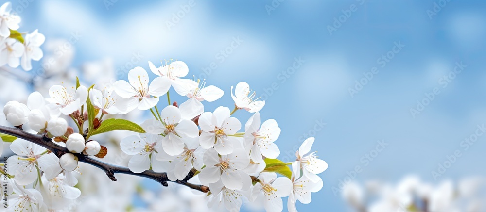 Spring beauty background with blooming white flowers of trees against a backdrop of the blue sky creating a vibrant scene with copy space image Spring beauty background with blooming white flowers of trees against a backdrop of the blue sky creating a vibrant scene with copy space image