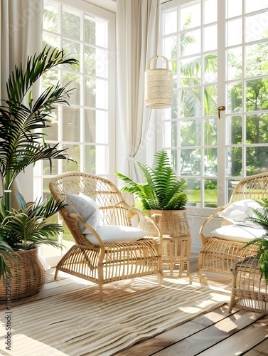 Bright and airy sunroom with wicker furniture and indoor plants 