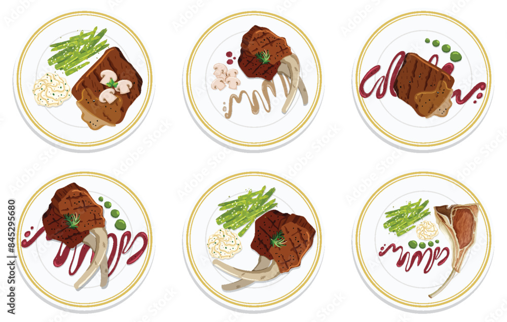 Elegant dishes with meat, vegetables, and sauces Elegant dishes with meat, vegetables, and sauces