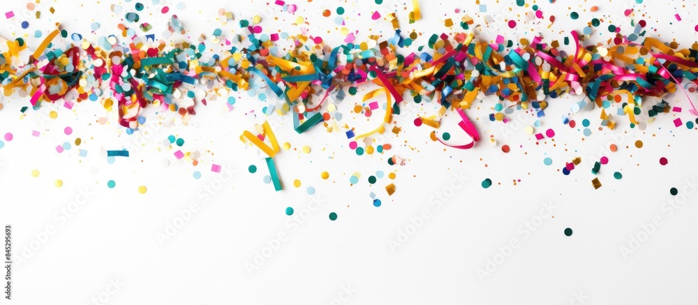 Fototapeta premium A vibrant and celebratory arrangement featuring a mix of colorful confetti Christmas decorations and streamers The items are neatly arranged on a white surface offering a flat lay composition with am