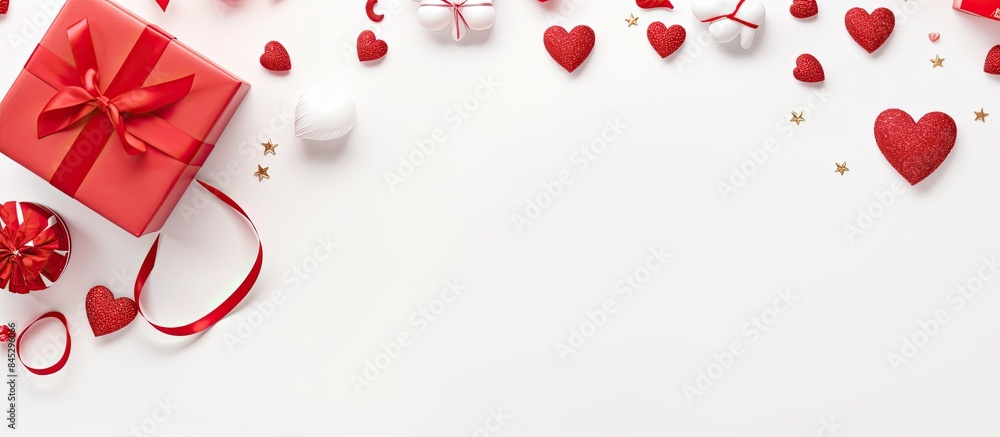 A romantic Valentine s Day concept featuring a declaration of love surrounded by paper hearts a star shaped lollipop and a red gift box with a ring The flat lay arrangement is viewed from the top on A romantic Valentine s Day concept featuring a declaration of love surrounded by paper hearts a star shaped lollipop and a red gift box with a ring The flat lay arrangement is viewed from the top on