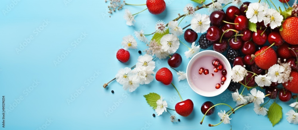 A beautiful flat lay image depicting a creative arrangement of blooming flowers berries and a cup on a blue background It captures the essence of summer with vibrant colors and juicy cherries Find co A beautiful flat lay image depicting a creative arrangement of blooming flowers berries and a cup on a blue background It captures the essence of summer with vibrant colors and juicy cherries Find co
