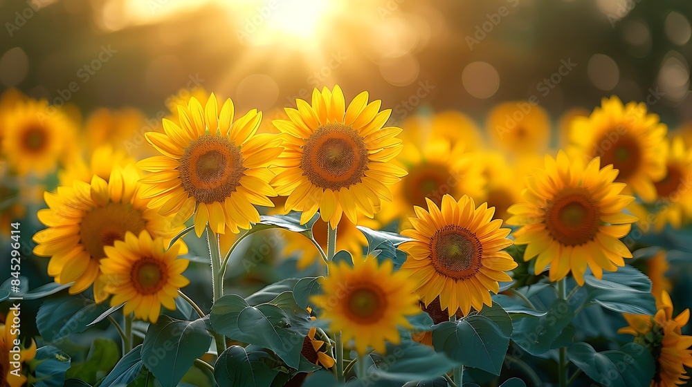A romantic oil painting of a sunflower garden in summer, vibrant yellow sunflowers standing tall. A romantic oil painting of a sunflower garden in summer, vibrant yellow sunflowers standing tall.