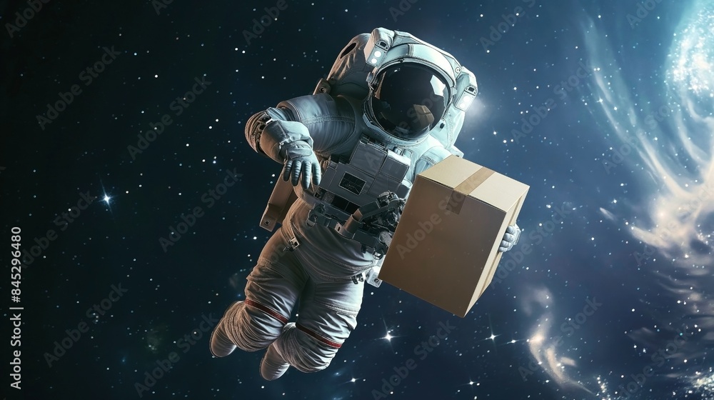 An astronaut floating in space holding a cardboard box against a backdrop of stars, symbolizing space delivery or cargo transportation. An astronaut floating in space holding a cardboard box against a backdrop of stars, symbolizing space delivery or cargo transportation.