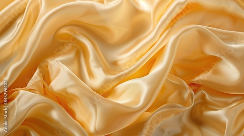 Close-up of golden silk fabric with flowing, smooth texture and soft folds.
