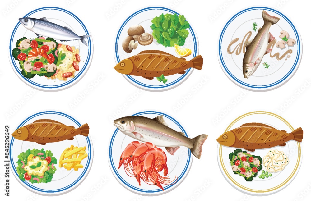 Various fish plates with vegetables and seafood Various fish plates with vegetables and seafood