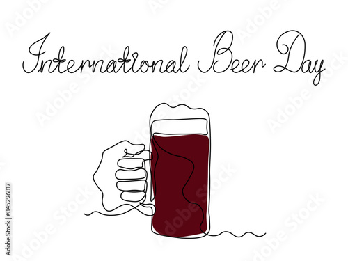 International Beer Day. continuous single line art drawing sketch, logo. Abstract hand with mug, glass beer