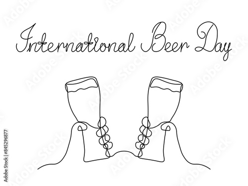 International Beer Day. continuous single line art drawing sketch, logo. Abstract two hands with mug, glass beer,toast
