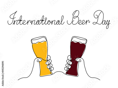 International Beer Day. continuous single line art drawing sketch, logo. Abstract two hands with mug, glass beer,toast