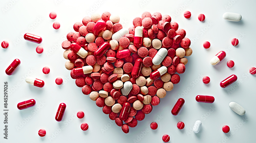 Heart-Shaped Arrangement of Red and White Pills and Capsules Symbolizing Healthcare and Medication Heart-Shaped Arrangement of Red and White Pills and Capsules Symbolizing Healthcare and Medication