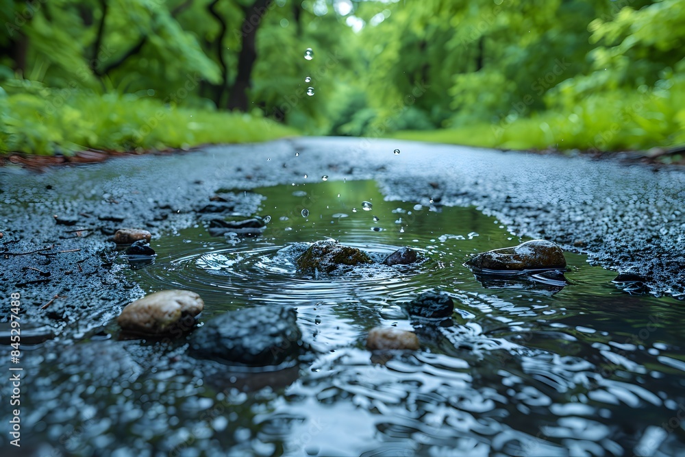 Fototapeta premium Serene Rainy Forest Pathway with Puddle and Falling Raindrops in a Lush Green Woodland