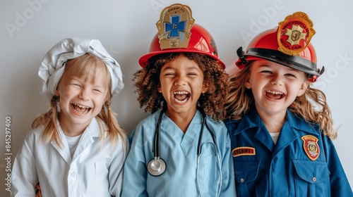 Three children wearing different uniform costumes are laughing and playing photo