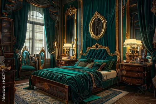 /imagine An elegant bedroom with an upholstered bed in rich emerald green, gold-framed mirrors, dark wood furniture, and luxurious drapes, giving a sense of opulence and refinement.