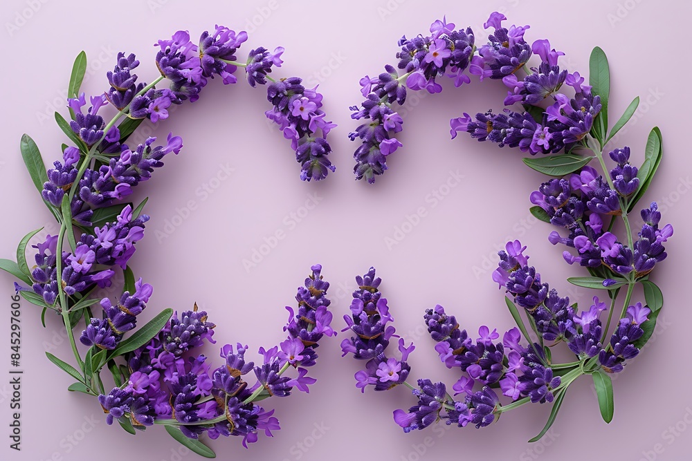 A delicate frame made of fresh lavender flowers on a pastel purple background with copy space in the center. A delicate frame made of fresh lavender flowers on a pastel purple background with copy space in the center.