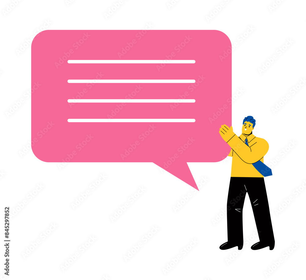 Big idea. Business man holding a big speech bubble. Flat vector illustration isolated on white background Big idea. Business man holding a big speech bubble. Flat vector illustration isolated on white background