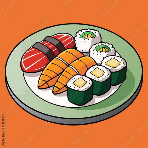 Delicious Japanese Food  A Variety of Sushi and Sashimi Mixed Japanese Food Plate