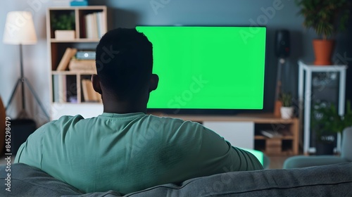 Black Man Watches Green Screen Mock-up TV Display with Chromakey While Sitting on a Couch at Home. Relaxed Male Streaming an Evening Movie. Over the Shoulder View. Modern Online Entertainment Concept. © Pascal
