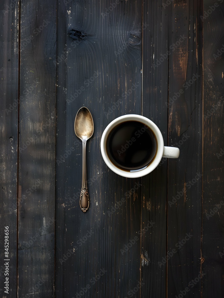 Black coffee in a white cup placed on a dark wooden table alongside a dessert spoon Black coffee in a white cup placed on a dark wooden table alongside a dessert spoon
