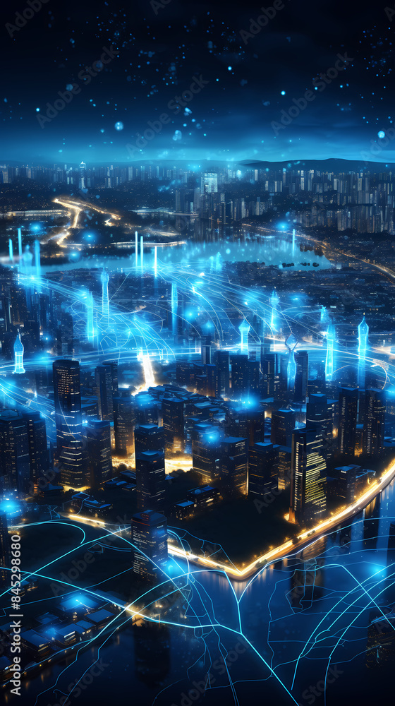 Fototapeta premium Digital cityscape, symbolizing the integration of advanced technology and urban life