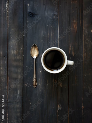 Black coffee in a white cup placed on a dark wooden table alongside a dessert spoon