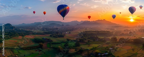 Hot Air Balloons Over Scenic Sunrise Landscape © ALEXSTUDIO