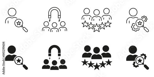 Human Resource Line and Silhouette Icon Set. Headhunting Black Pictogram. Find Job, Search Talent Employee Symbol Collection. Recruitment Agency Sign. Isolated Vector Illustration