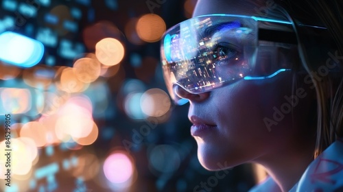 Close-up of a woman wearing futuristic augmented reality glasses with a digital interface, surrounded by colorful bokeh lights.
