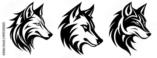 Set of three Tribal wolf or Fox side head portrait logo design black and white mascot isolated on transparent background editable vector
