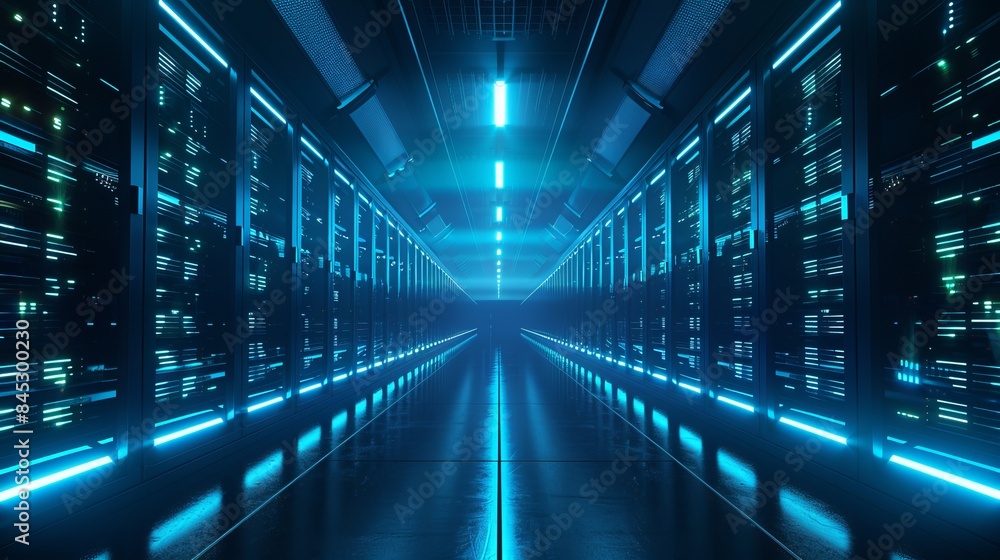 A parallel row of servers, adorned in electric blue, fills a technology-driven data center hallway with a symmetrical display of power and technology. A parallel row of servers, adorned in electric blue, fills a technology-driven data center hallway with a symmetrical display of power and technology.