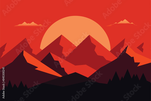 Beautiful mountain panoramic landscape at sunrise. Stunning landscape of a red sunset over the silhouettes of mountains and peaks. Amazing vector illustration