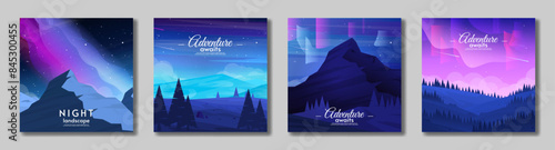 Vector illustration. Design for card, banner, invitation. Set of aurora borealis landscape. Flat style design.