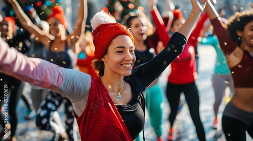 People in holiday-themed workout gear participate in a festive fitness class led by instructor. photo