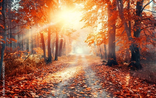 Autumn forest path with leaves on the ground and trees with the sun shining through