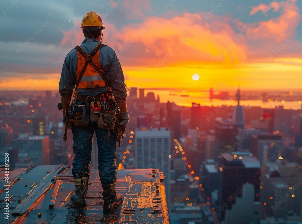 A construction worker on a high-rise building, wearing safety gear, with a cityscape background, capturing the scale and intensity of the work A construction worker on a high-rise building, wearing safety gear, with a cityscape background, capturing the scale and intensity of the work
