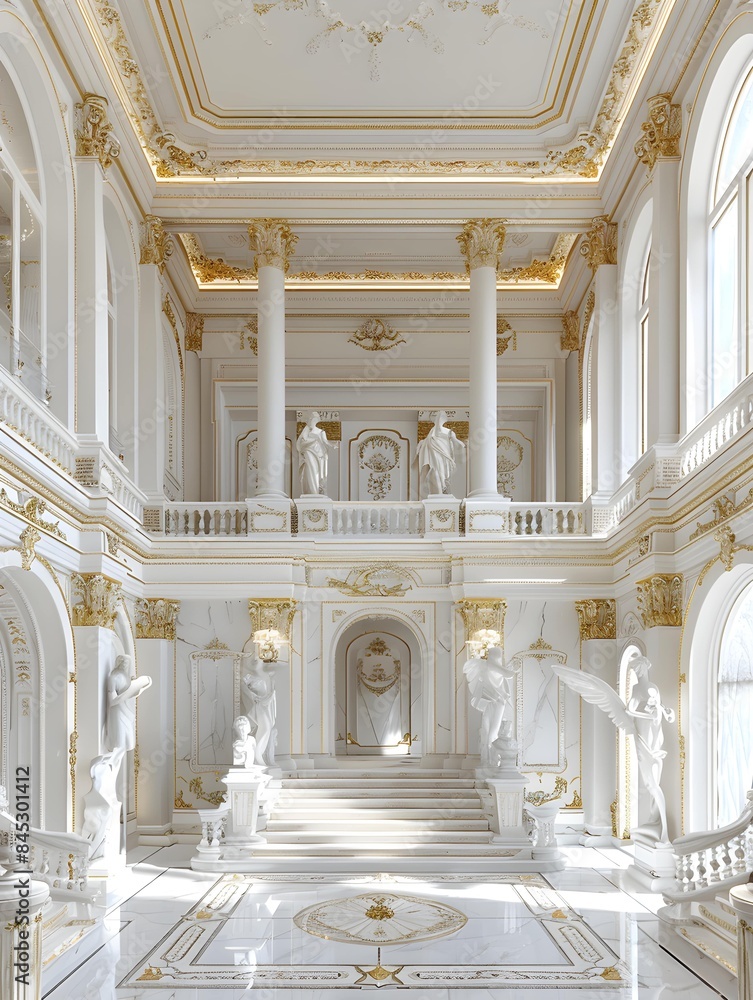 Fototapeta premium An opulent white marble interior with statues and ornate gold detailing, lit by natural light, conveying grandeur and elegance.