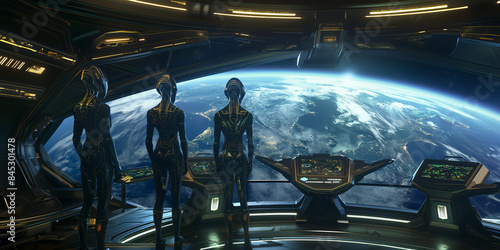 Advanced Alien Bridge with Three Extraterrestrial Beings Overlooking Earth from a High-Tech Spaceship, Showcasing the Arrival of an Alien Civilization